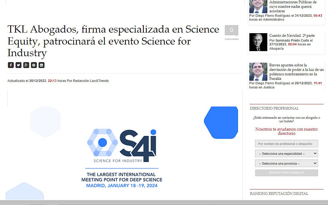 TKL Abogados, firma especializada en Science Equity, patrocinar el evento Science for Industry